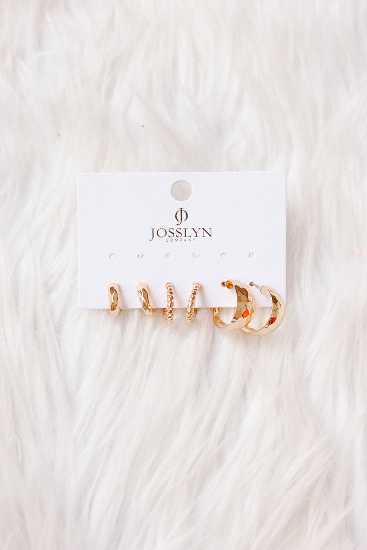 Mixed Texture Gold Crescent Hoop Trio Earring Set