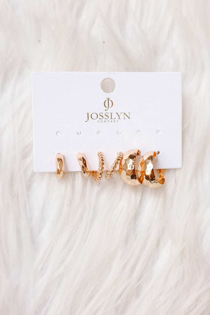 Mixed Texture Gold Crescent Hoop Trio Earring Set