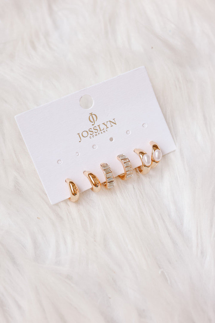 Pearl & Baguette Huggie Hoop Trio Earring Set