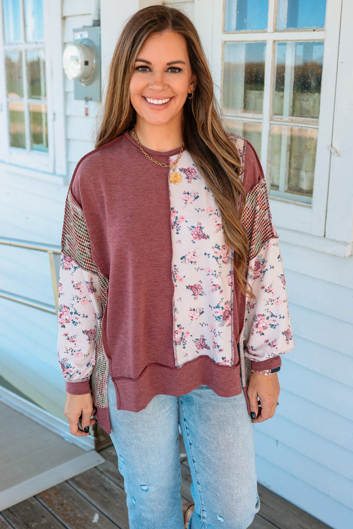Marcy Floral Waffle Knit Top - Burgundy/Taupe