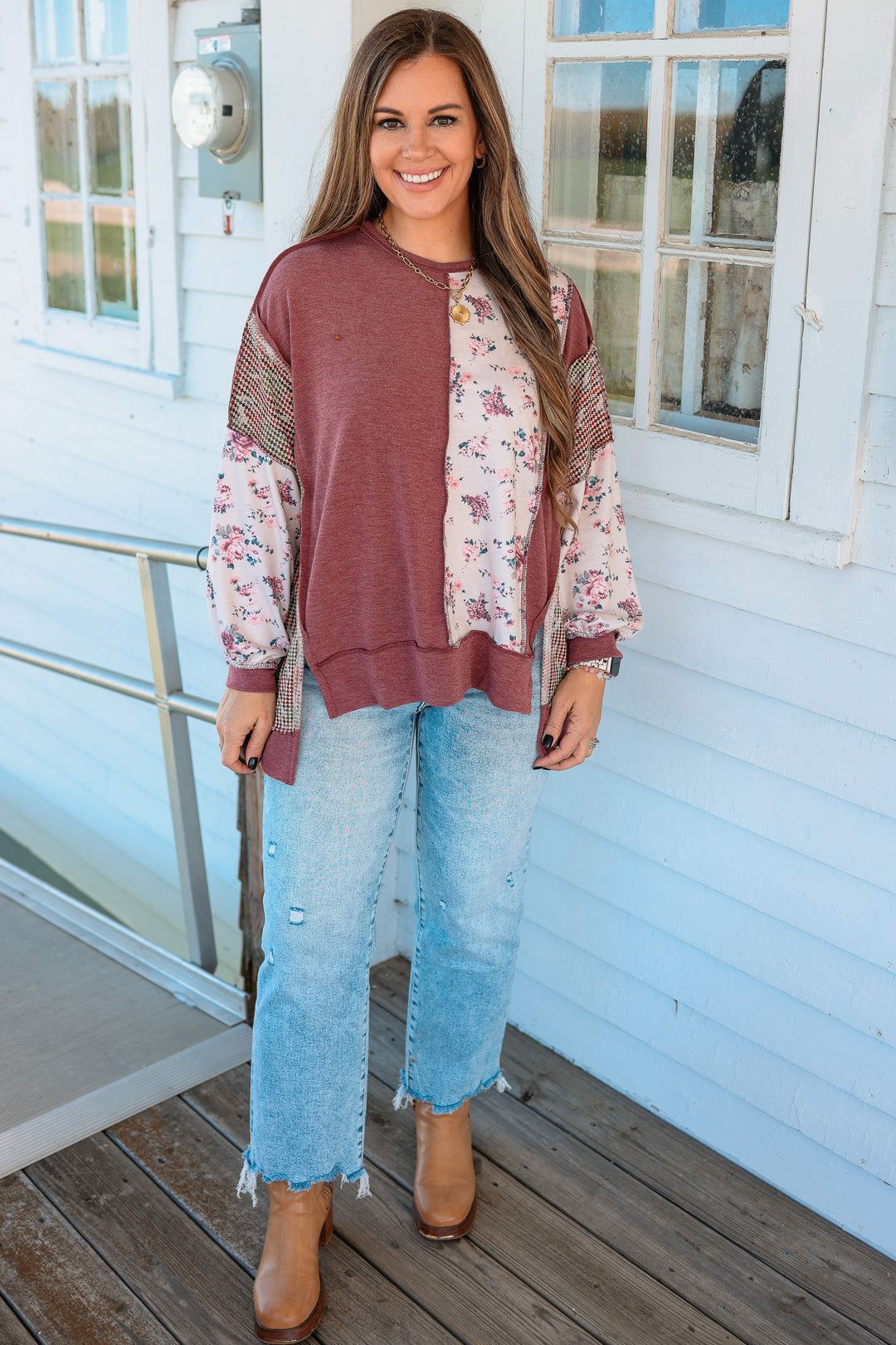 Marcy Floral Waffle Knit Top - Burgundy/Taupe