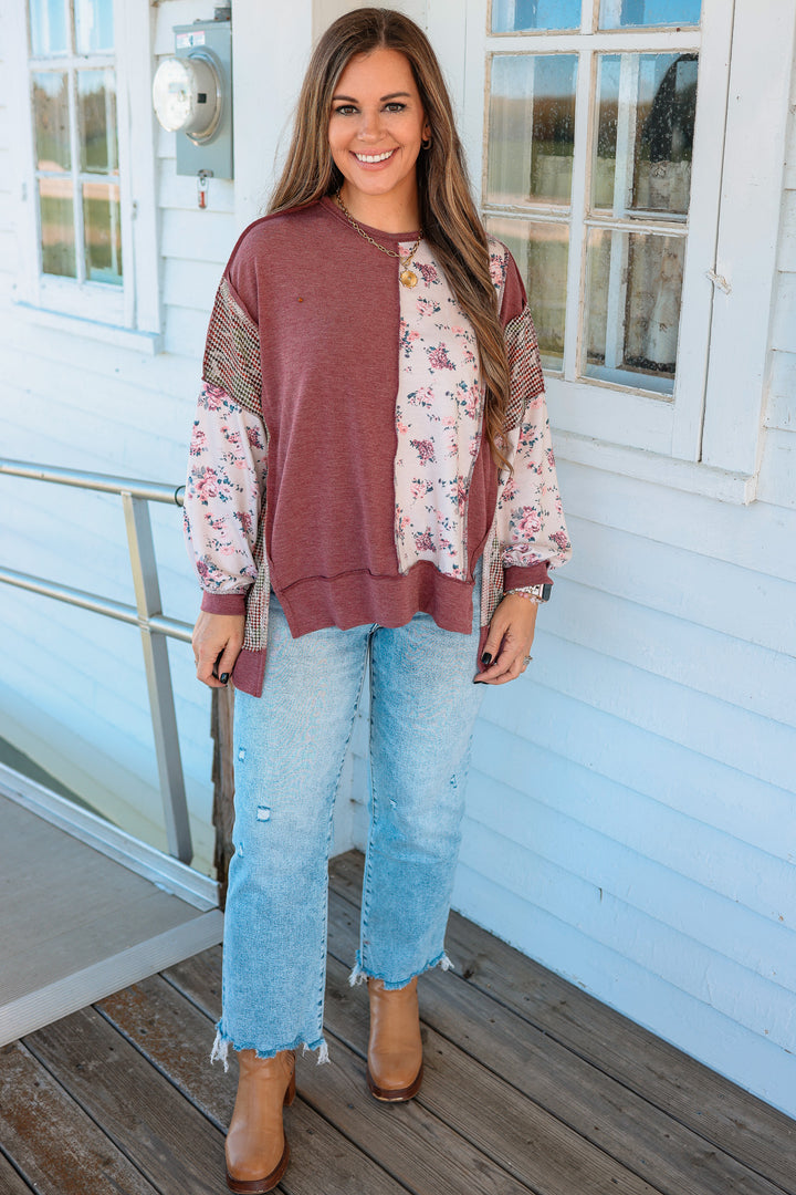 Marcy Floral Waffle Knit Top - Burgundy/Taupe