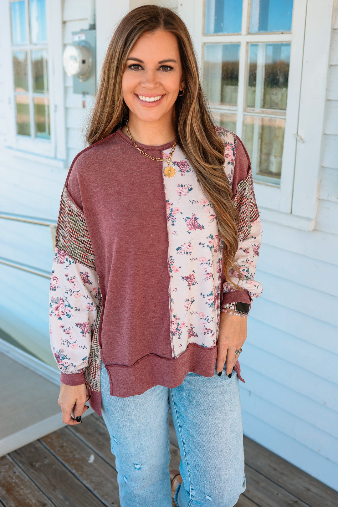 Marcy Floral Waffle Knit Top - Burgundy/Taupe