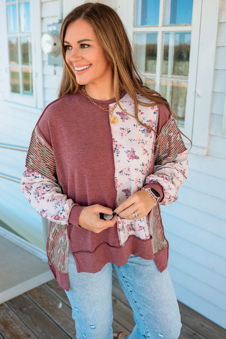 Marcy Floral Waffle Knit Top - Burgundy/Taupe