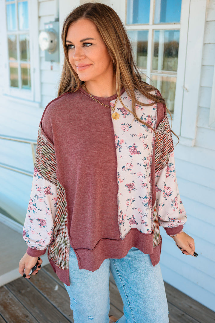 Marcy Floral Waffle Knit Top - Burgundy/Taupe