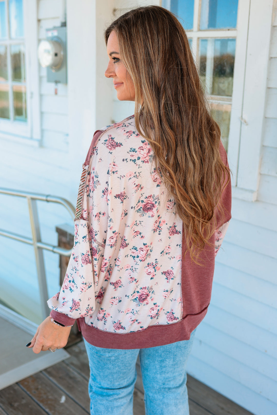 Marcy Floral Waffle Knit Top - Burgundy/Taupe