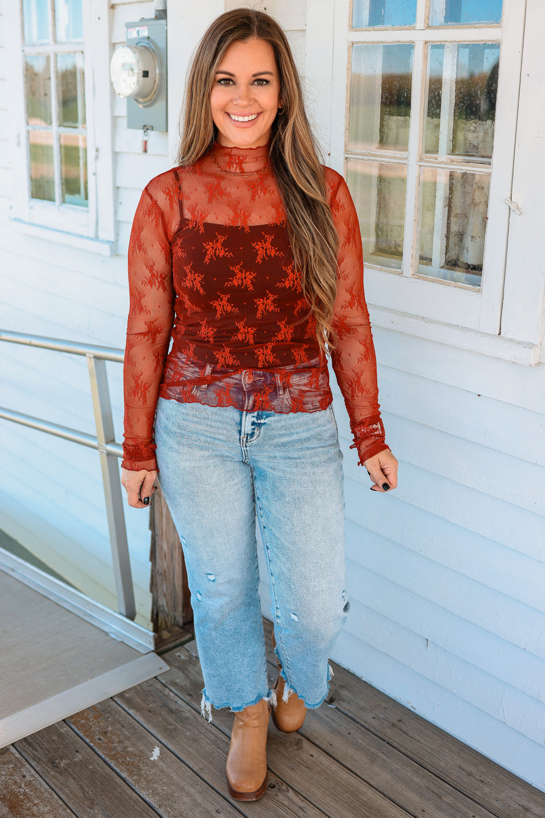 Kian Mock Neck Lace Top - Brick