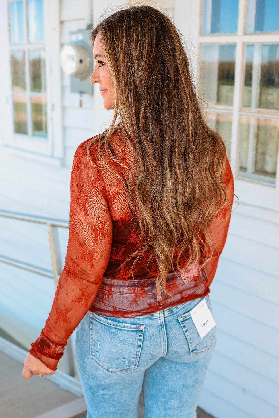 Kian Mock Neck Lace Top - Brick
