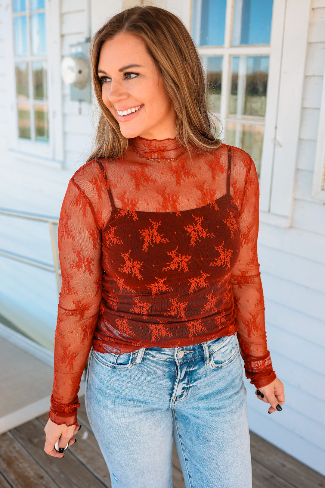 Kian Mock Neck Lace Top - Brick