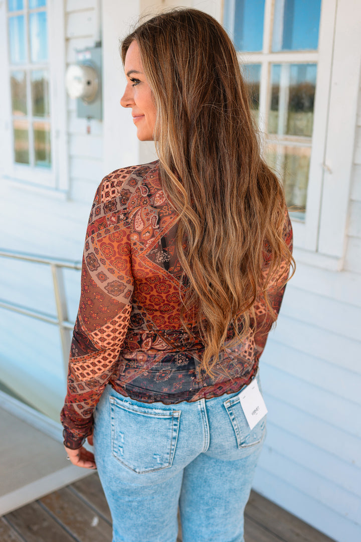 Patchwork Mockneck Mesh Top