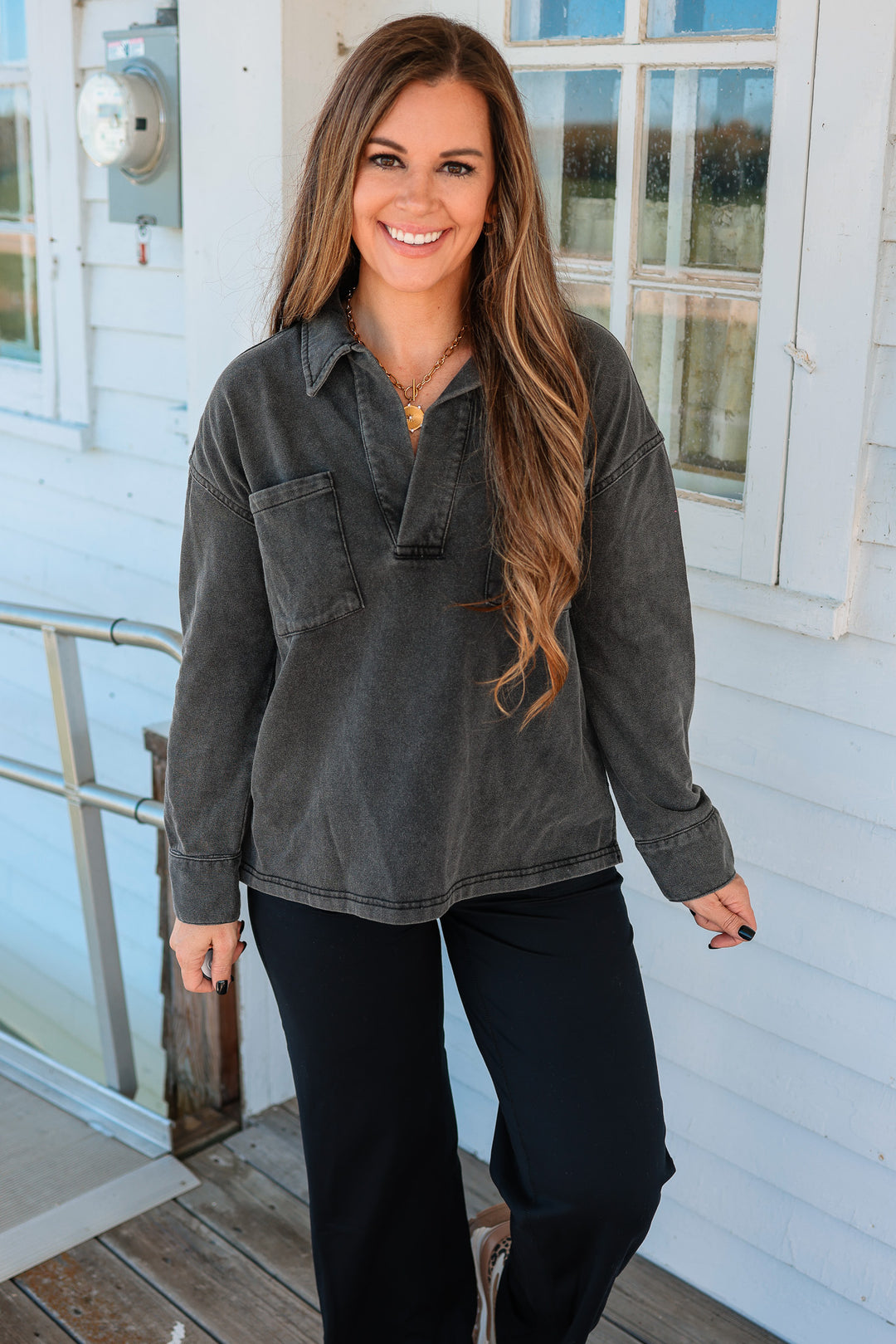 Marina Collared V-Neck Top - Washed Charcoal