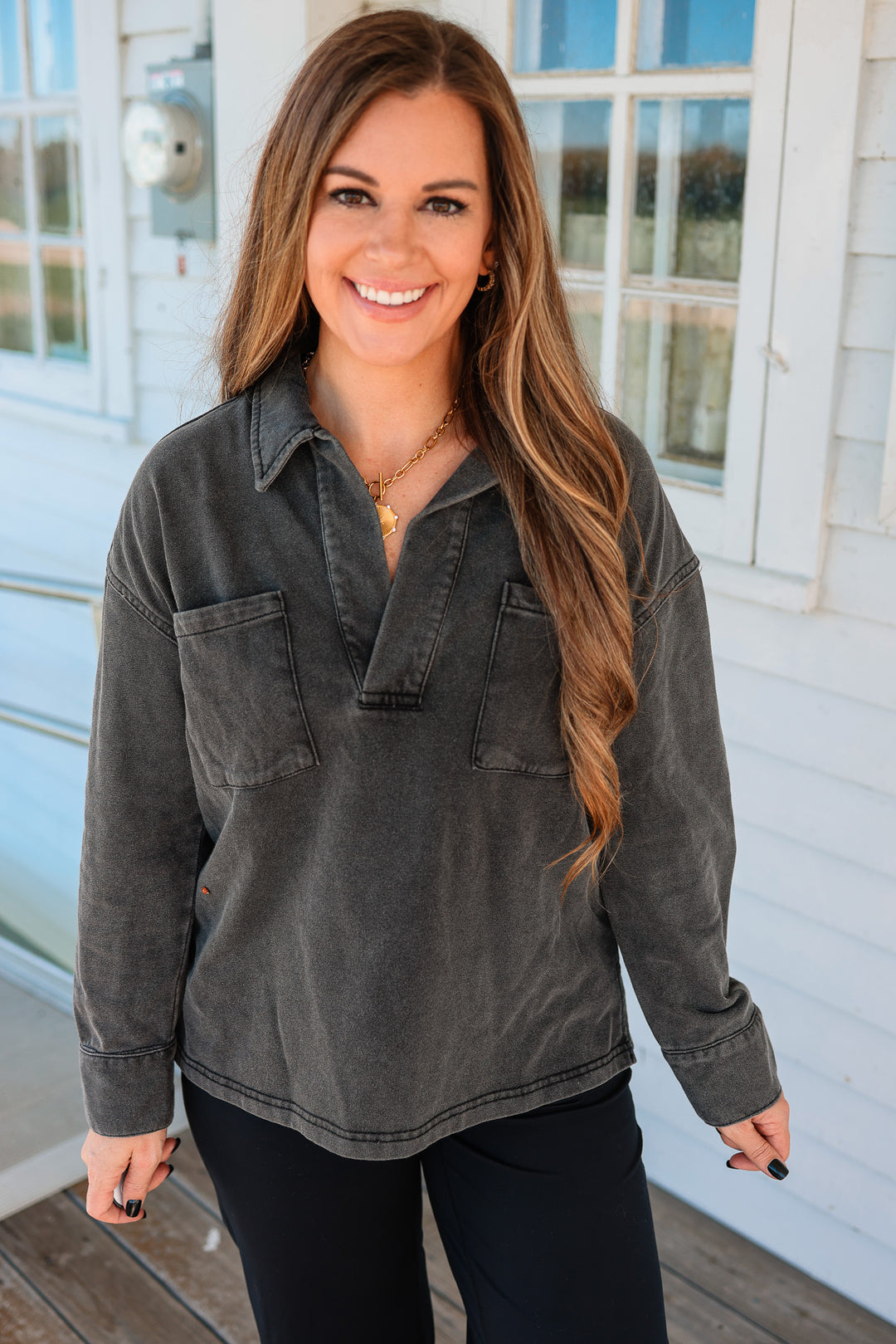 Marina Collared V-Neck Top - Washed Charcoal