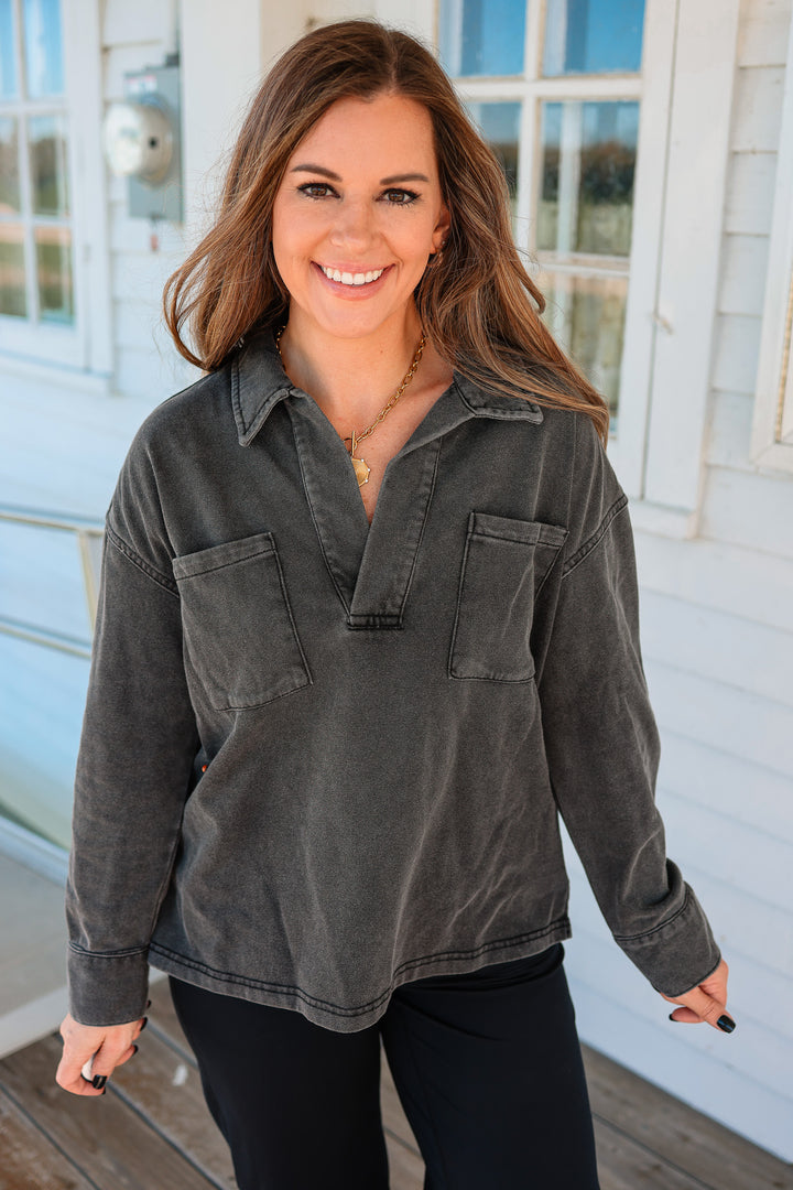 Marina Collared V-Neck Top - Washed Charcoal