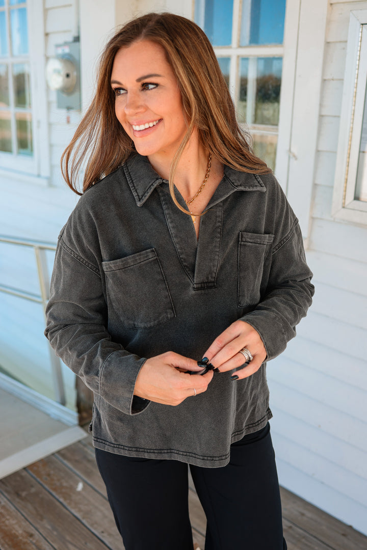 Marina Collared V-Neck Top - Washed Charcoal
