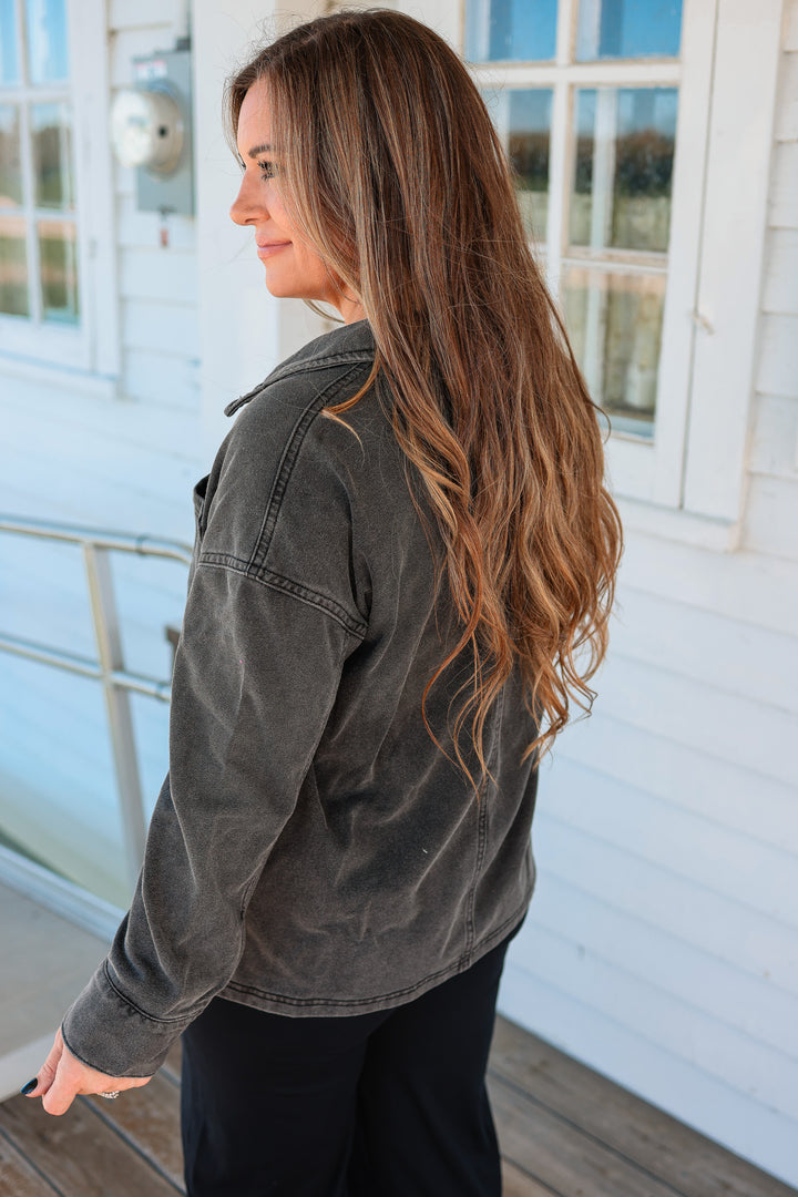 Marina Collared V-Neck Top - Washed Charcoal