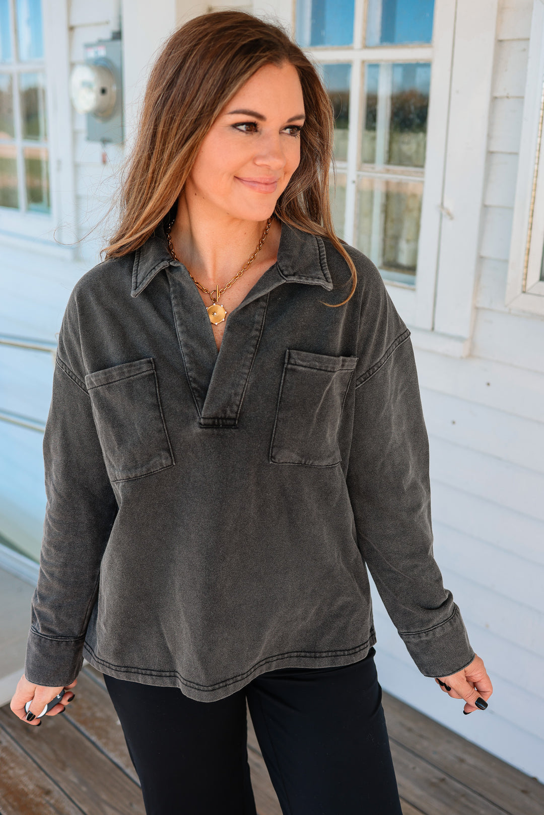 Marina Collared V-Neck Top - Washed Charcoal