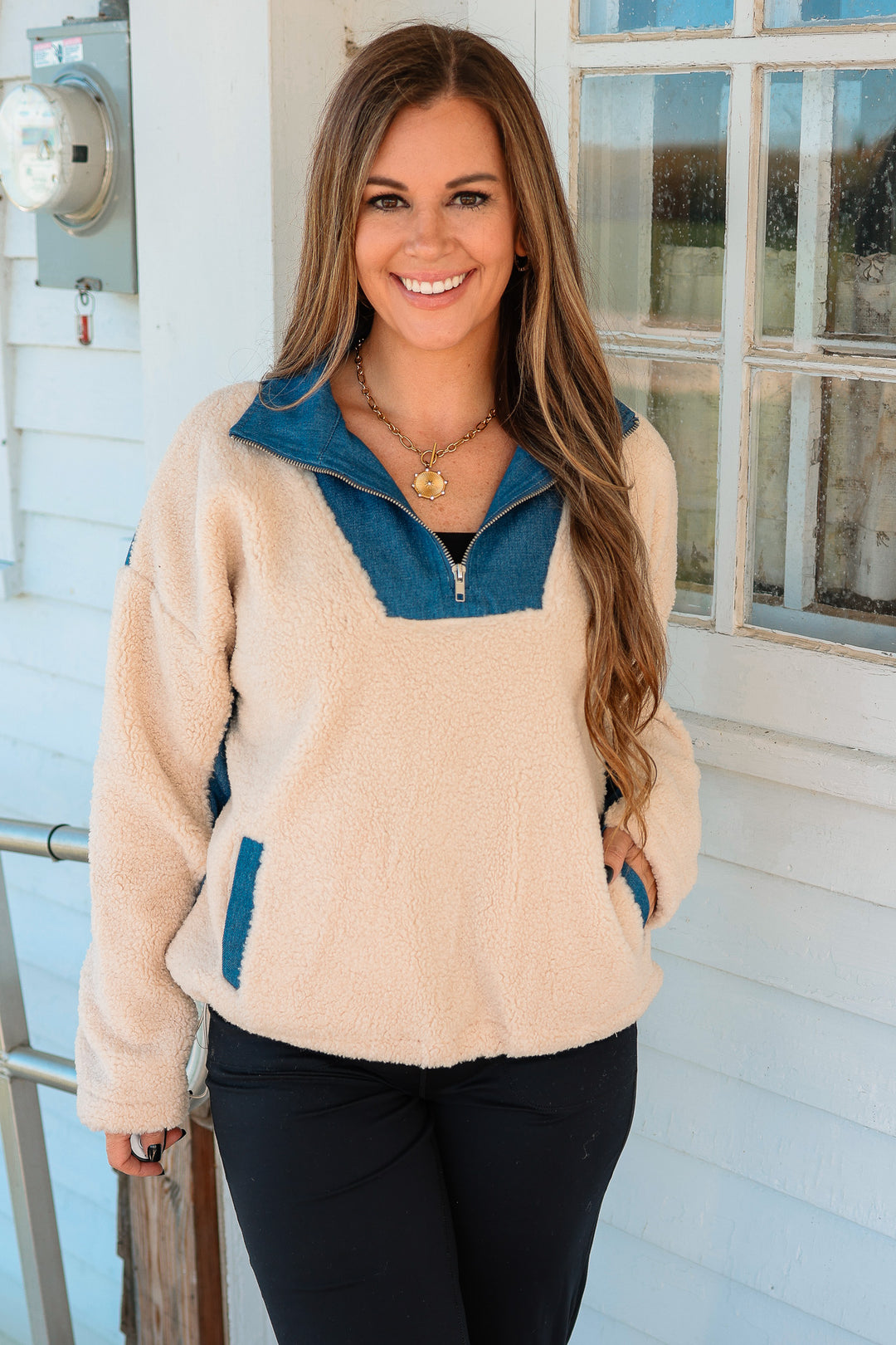 Fireside Sherpa & Denim Fleece Half-Zip Pullover - Beige
