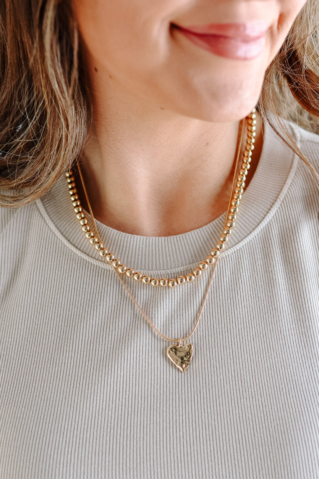 Double Layer Ball Chain Heart Charm Necklace