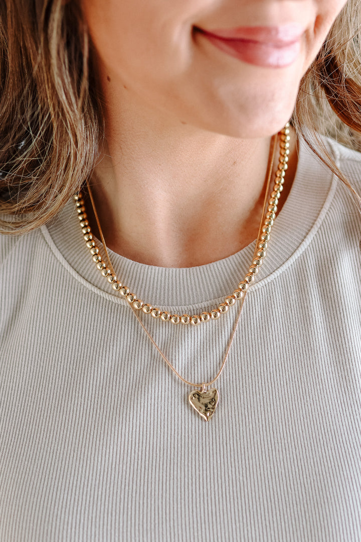 Double Layer Ball Chain Heart Charm Necklace
