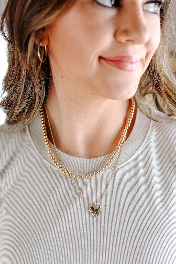 Double Layer Ball Chain Heart Charm Necklace