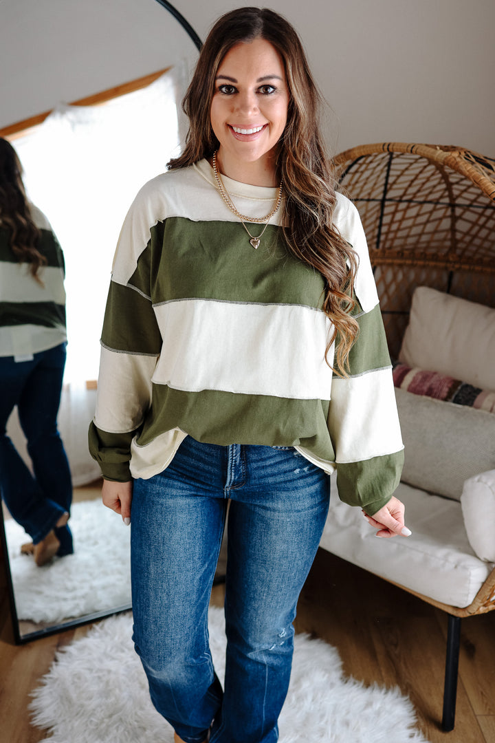 Mariella Panel Long Sleeve Top - Butter Olive