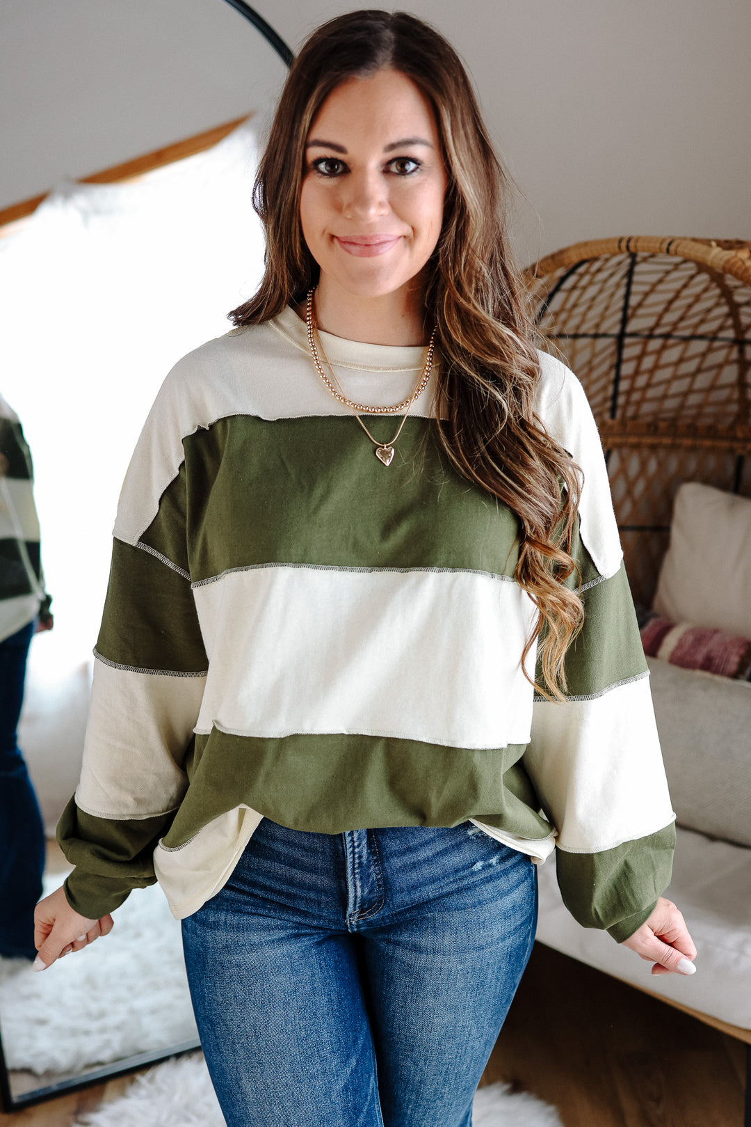 Mariella Panel Long Sleeve Top - Butter Olive