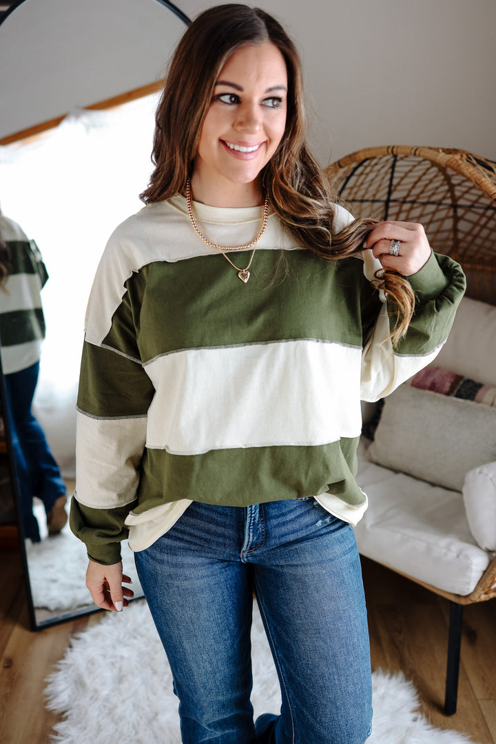 Mariella Panel Long Sleeve Top - Butter Olive