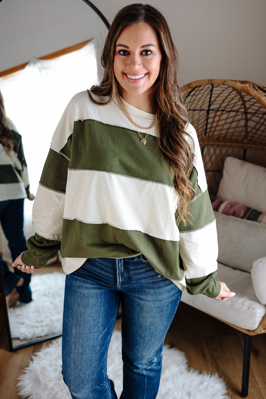 Mariella Panel Long Sleeve Top - Butter Olive