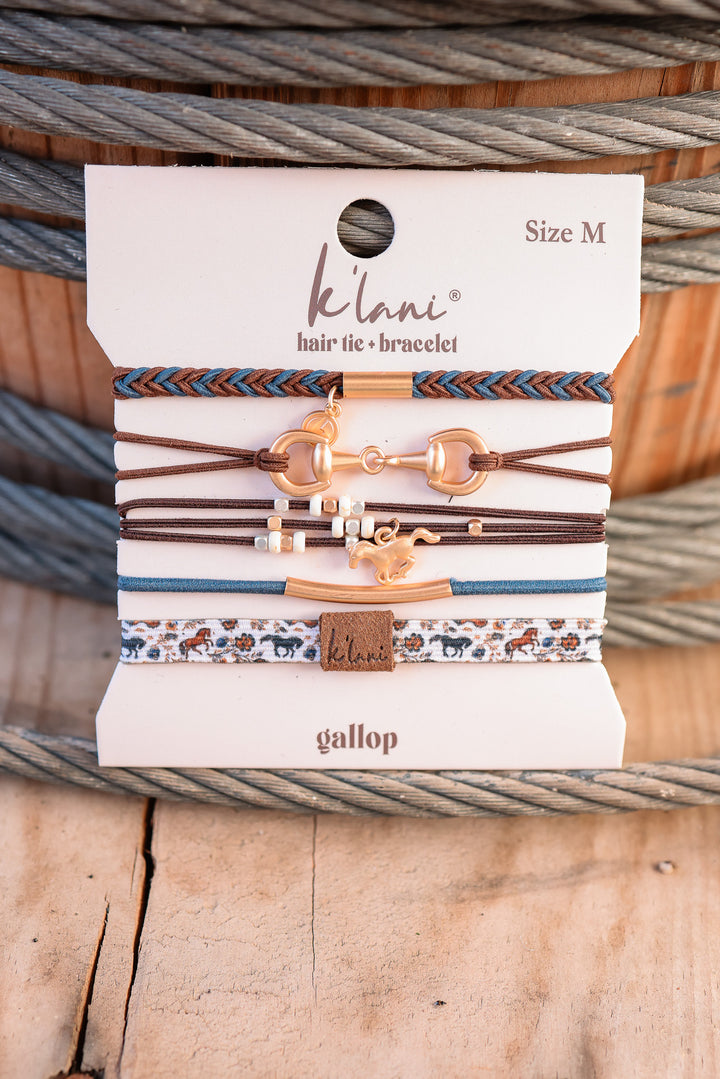 "Gallop" Horse & Bit Equestrian Accents in Rich Brown & Blue Hair Tie Bracelets