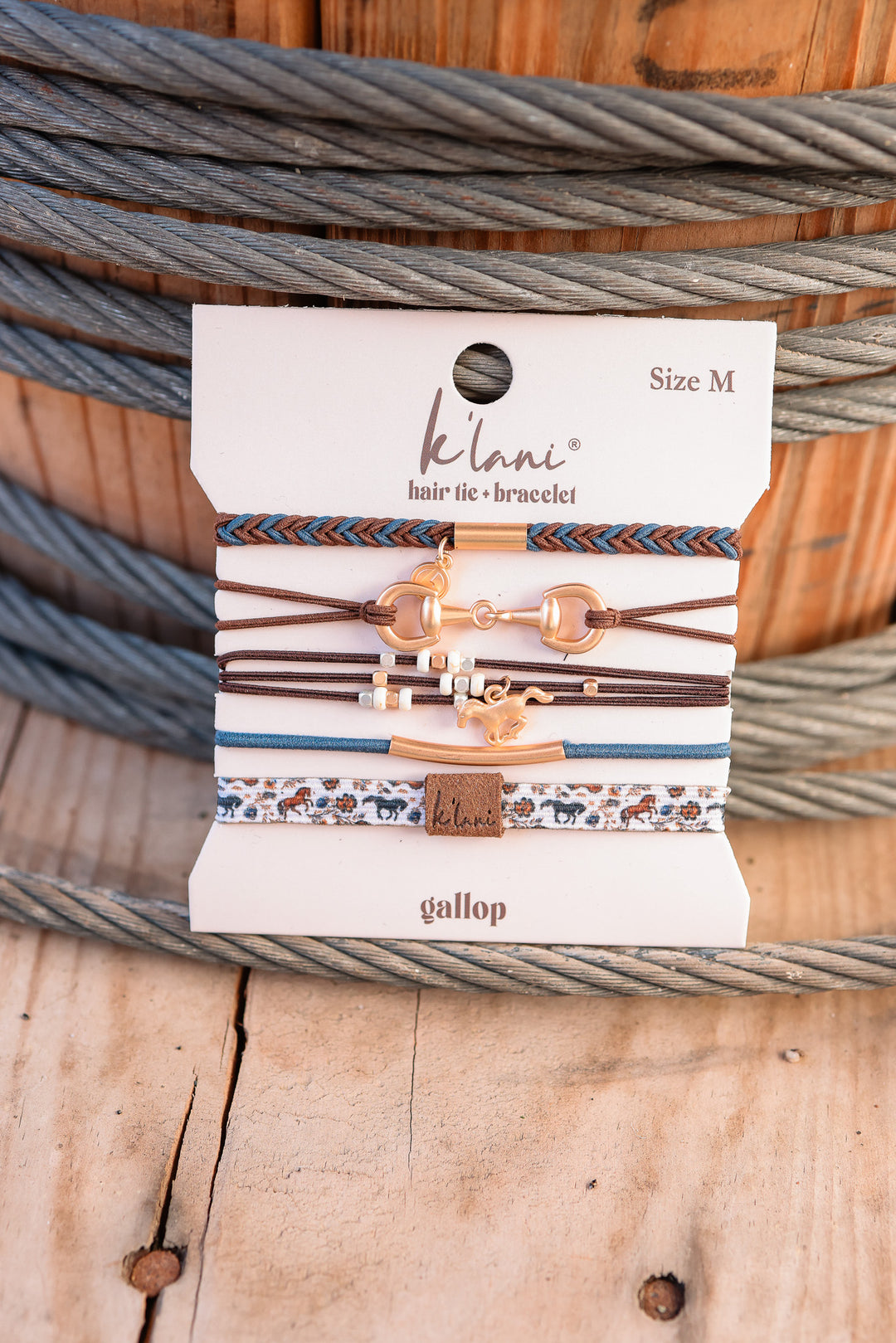 "Gallop" Horse & Bit Equestrian Accents in Rich Brown & Blue Hair Tie Bracelets