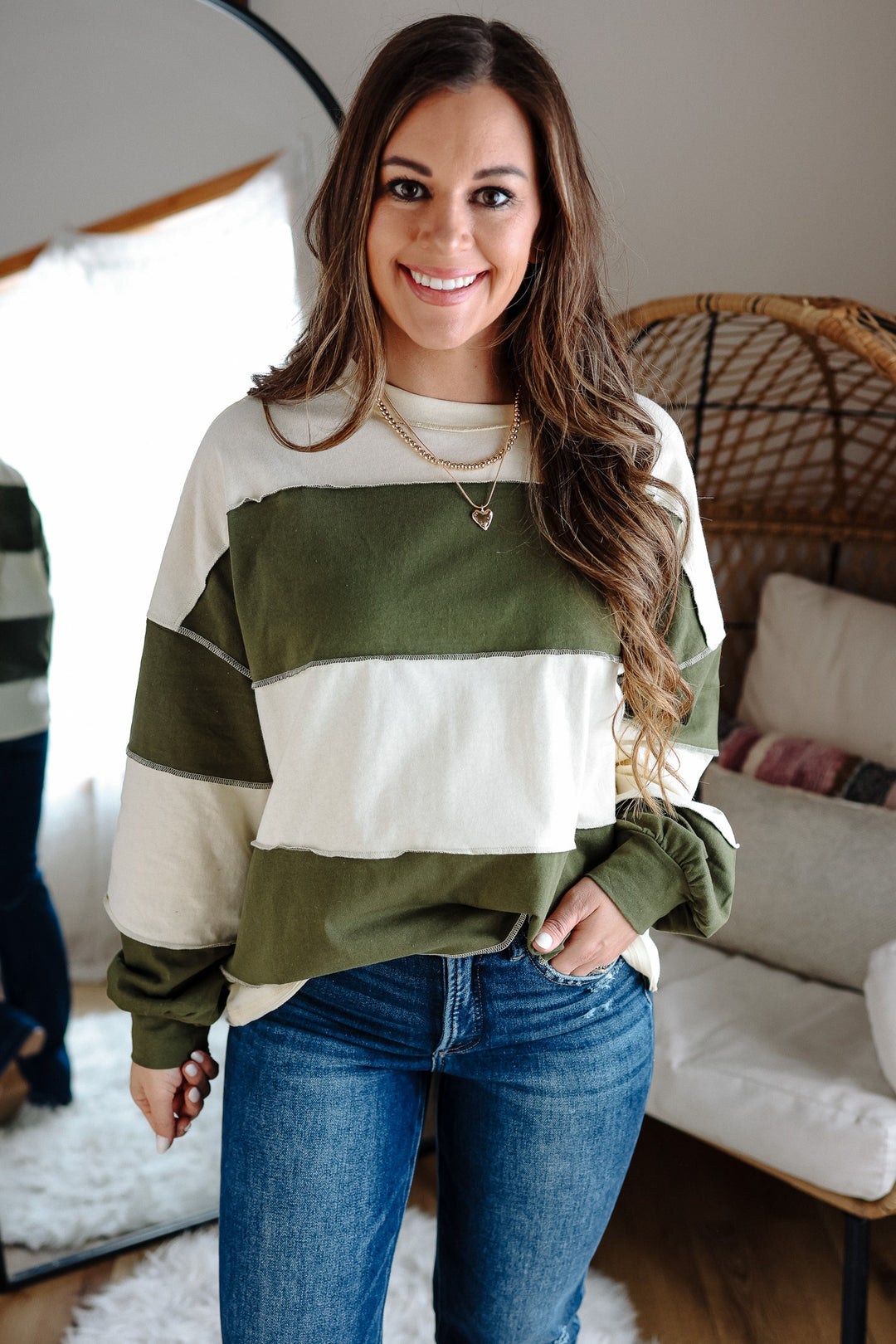 Mariella Panel Long Sleeve Top - Butter Olive