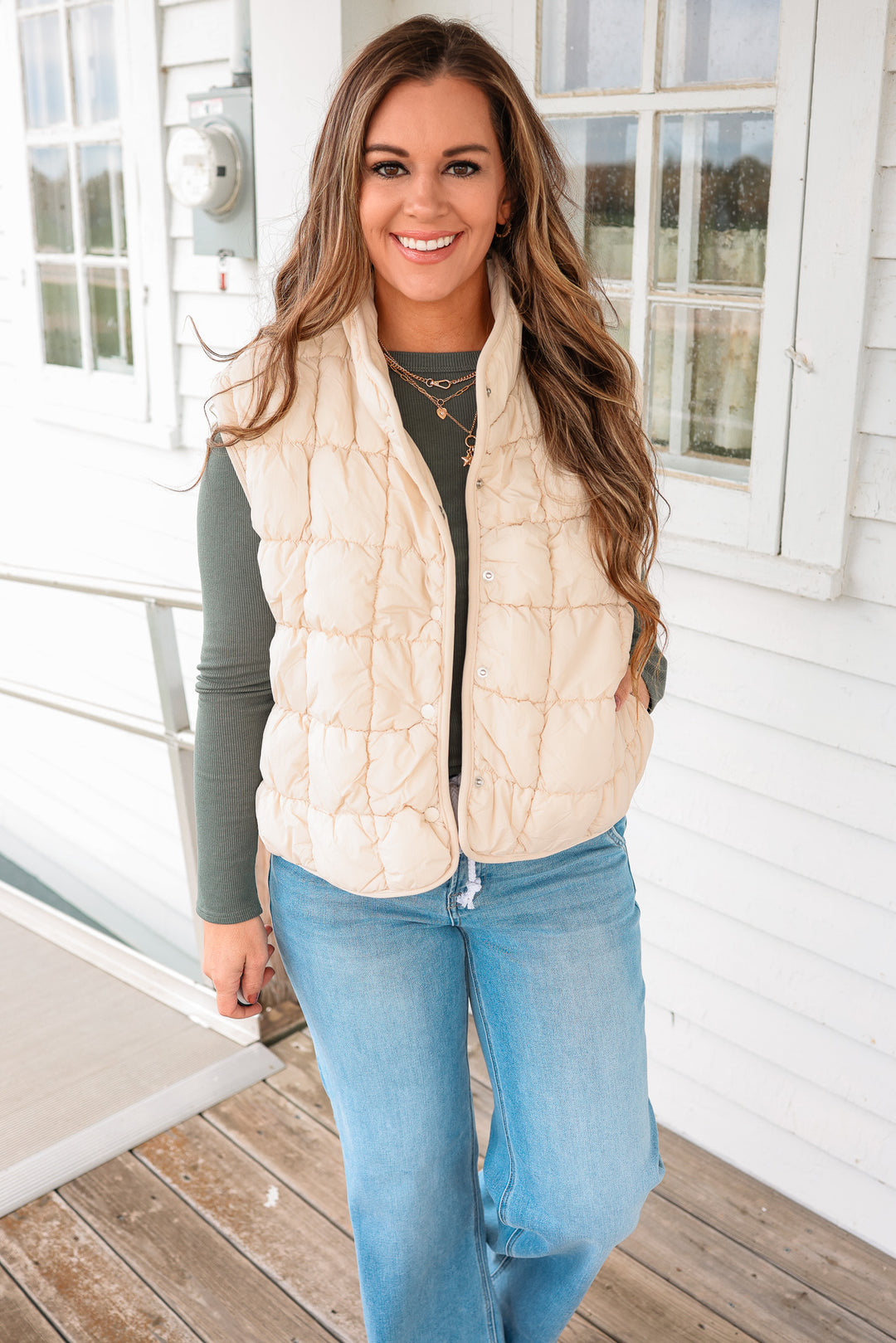 Taya Quilted Puffer Vest - Light Beige