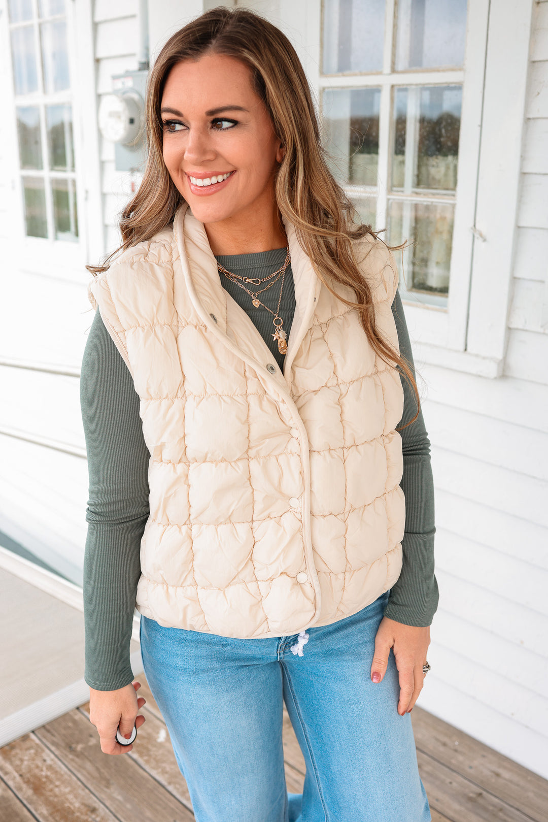 Taya Quilted Puffer Vest - Light Beige