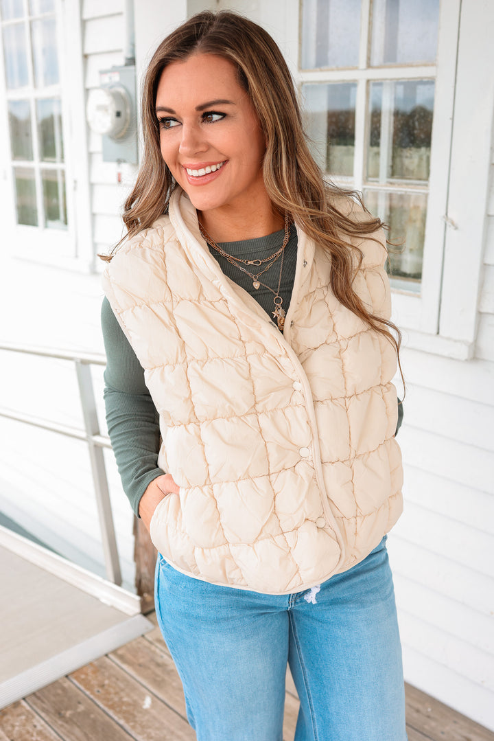 Taya Quilted Puffer Vest - Light Beige