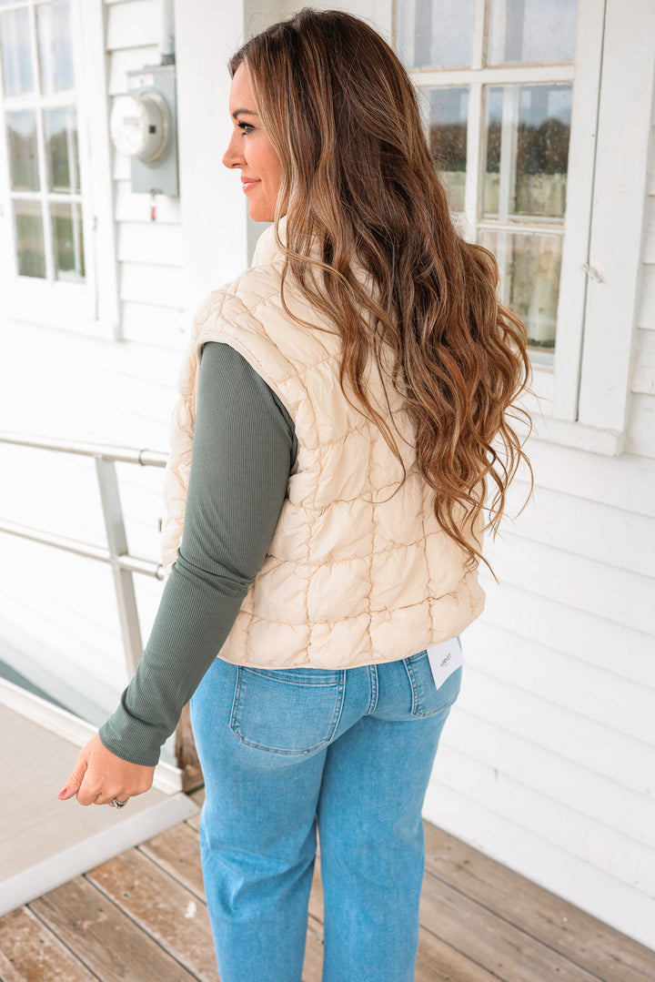 Taya Quilted Puffer Vest - Light Beige