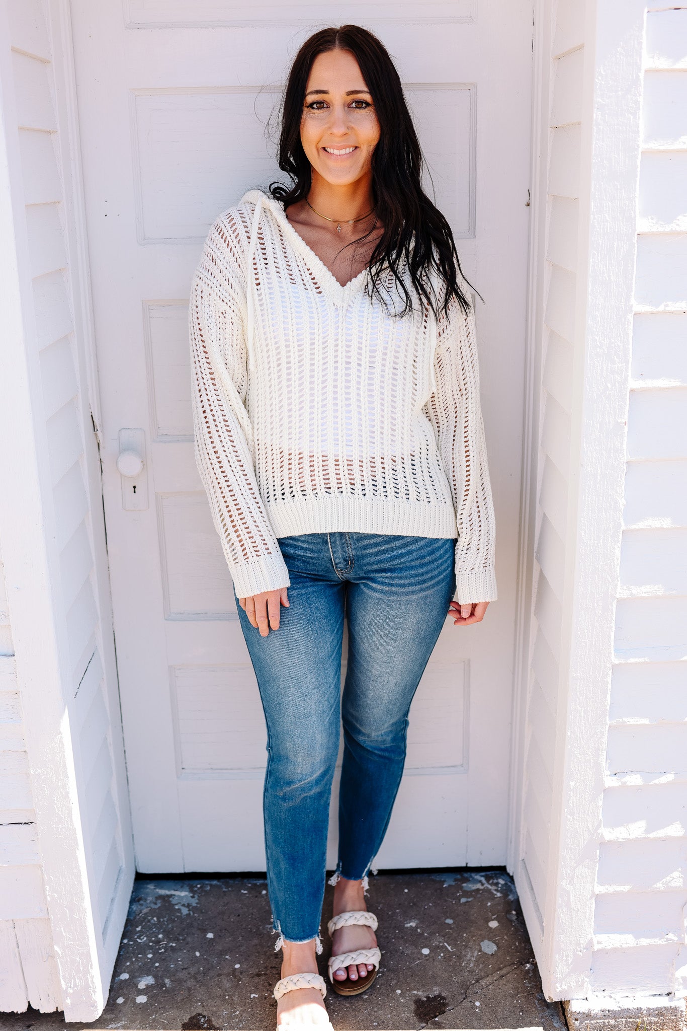 Tessa Open-Knit Hooded Sweater - Cream