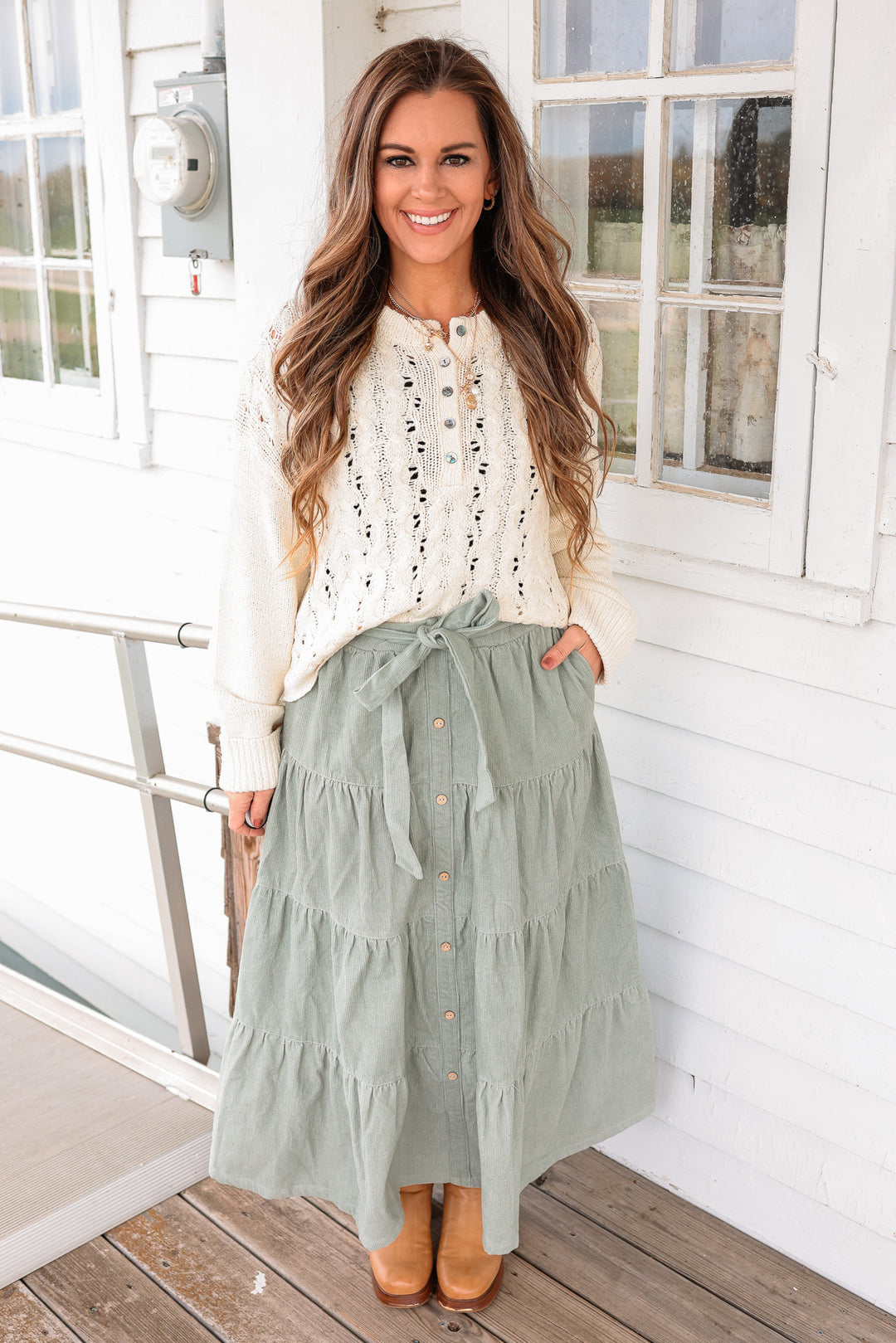 Julia Tiered Corduroy Maxi Skirt - Sage