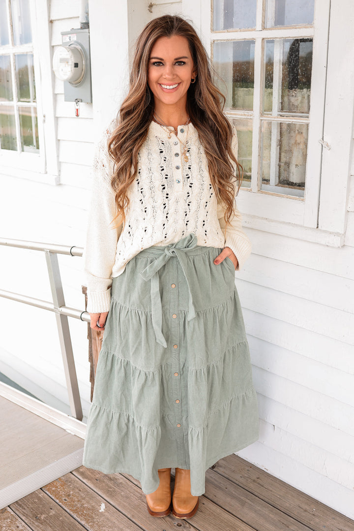 Julia Tiered Corduroy Maxi Skirt - Sage