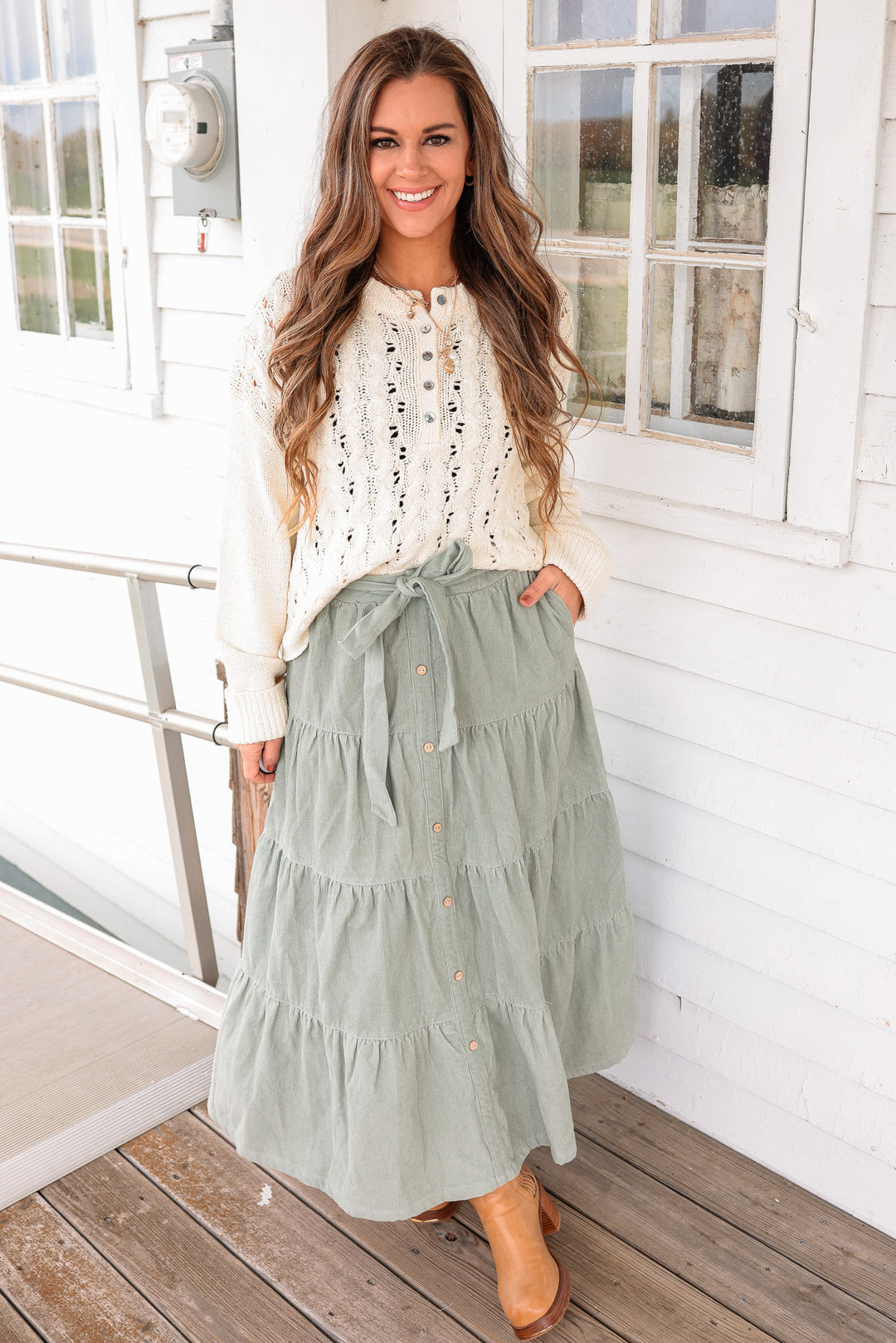 Julia Tiered Corduroy Maxi Skirt - Sage