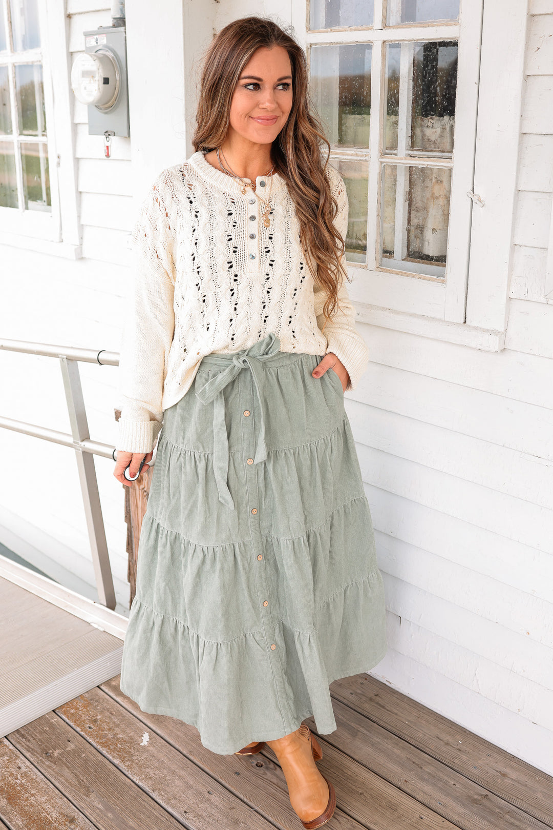 Julia Tiered Corduroy Maxi Skirt - Sage