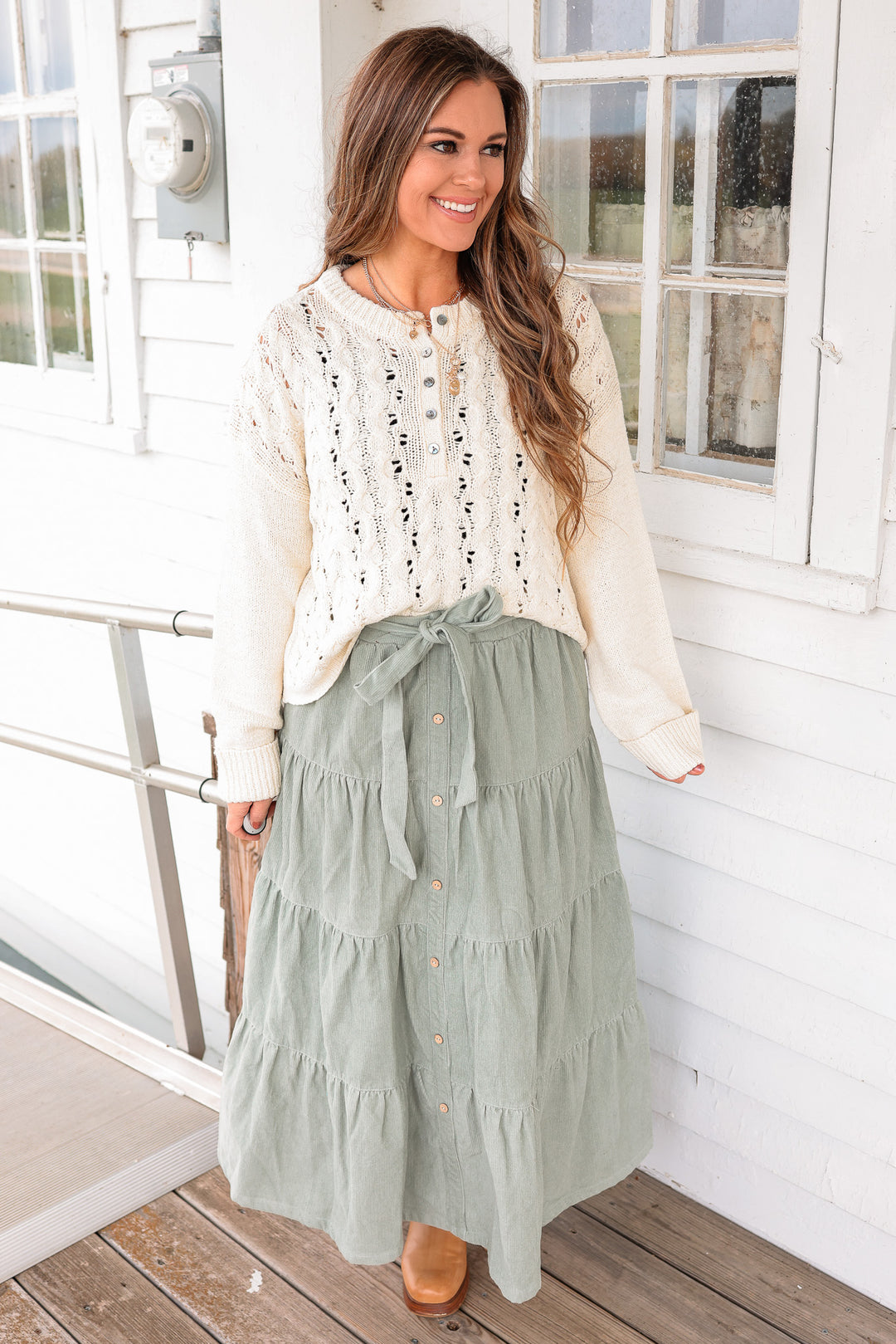 Julia Tiered Corduroy Maxi Skirt - Sage