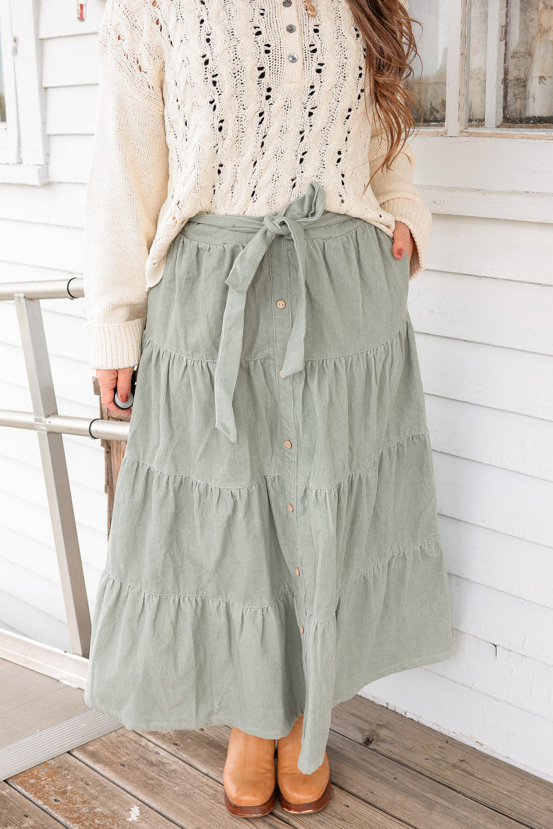 Julia Tiered Corduroy Maxi Skirt - Sage