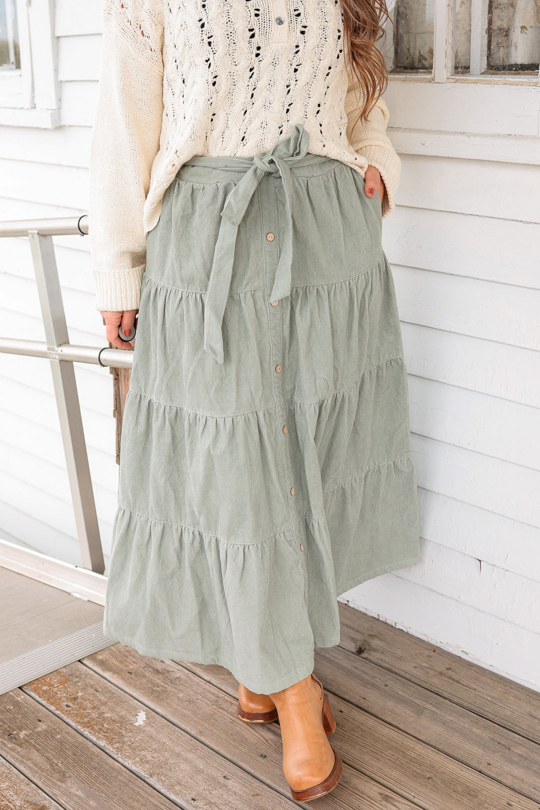 Julia Tiered Corduroy Maxi Skirt - Sage