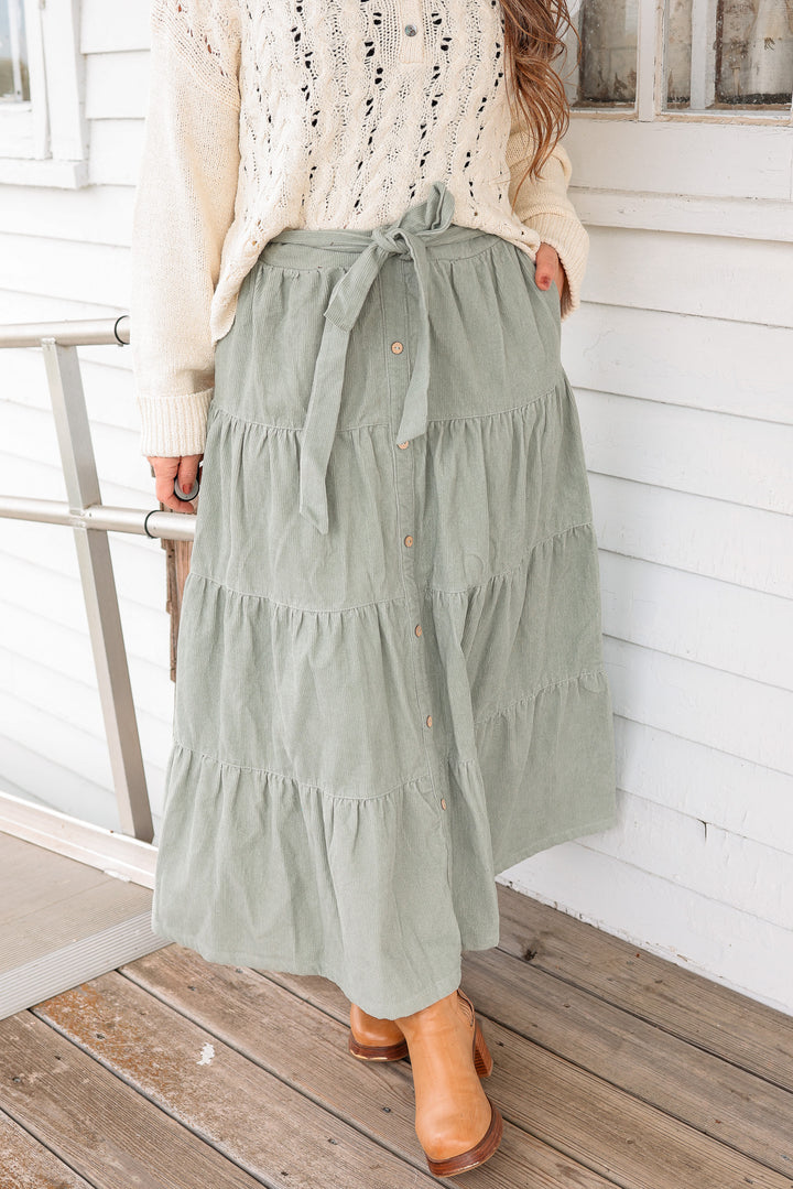 Julia Tiered Corduroy Maxi Skirt - Sage