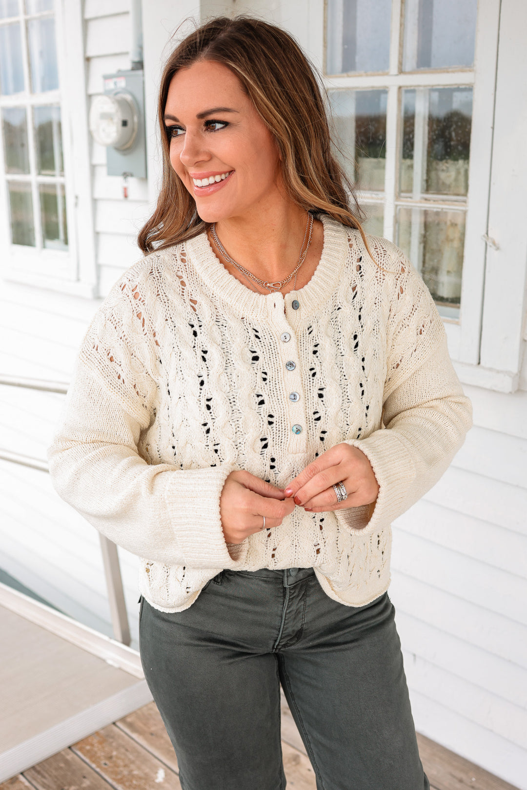 Cecilia Crewneck Button Front Sweater - Ecru
