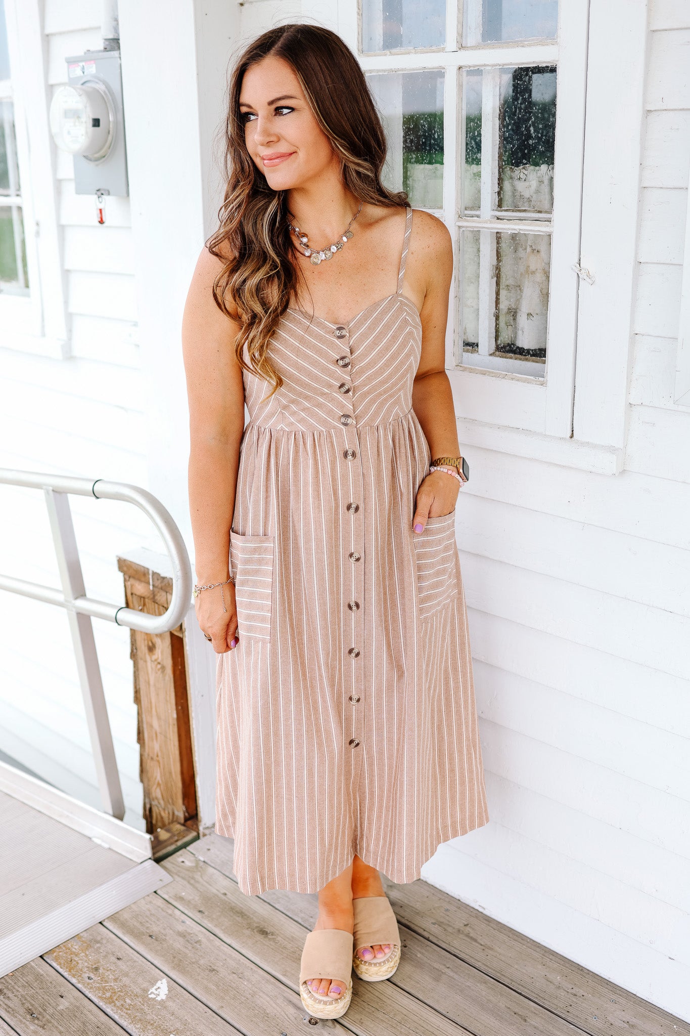 Vivi Striped Linen Midi Dress - Brown – Aiden & Oak Vivi Striped Linen Midi Dress - Brown – Aiden & Oak