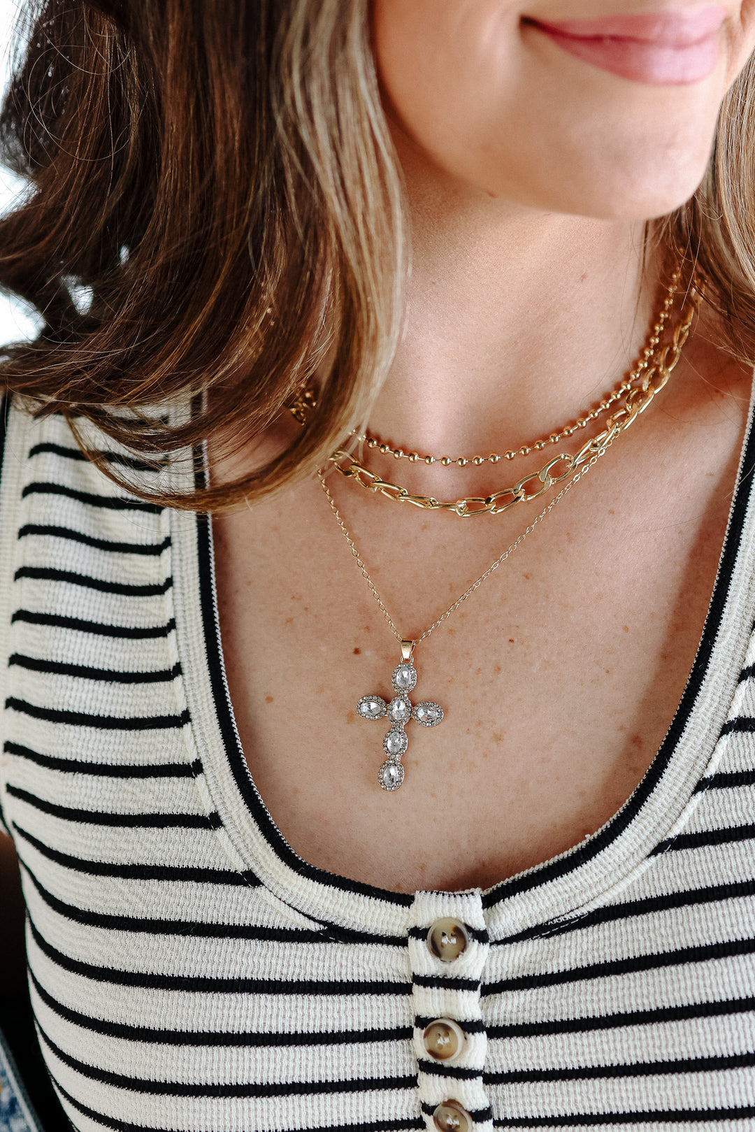 Rhinestone Cross Multi Layer Necklace