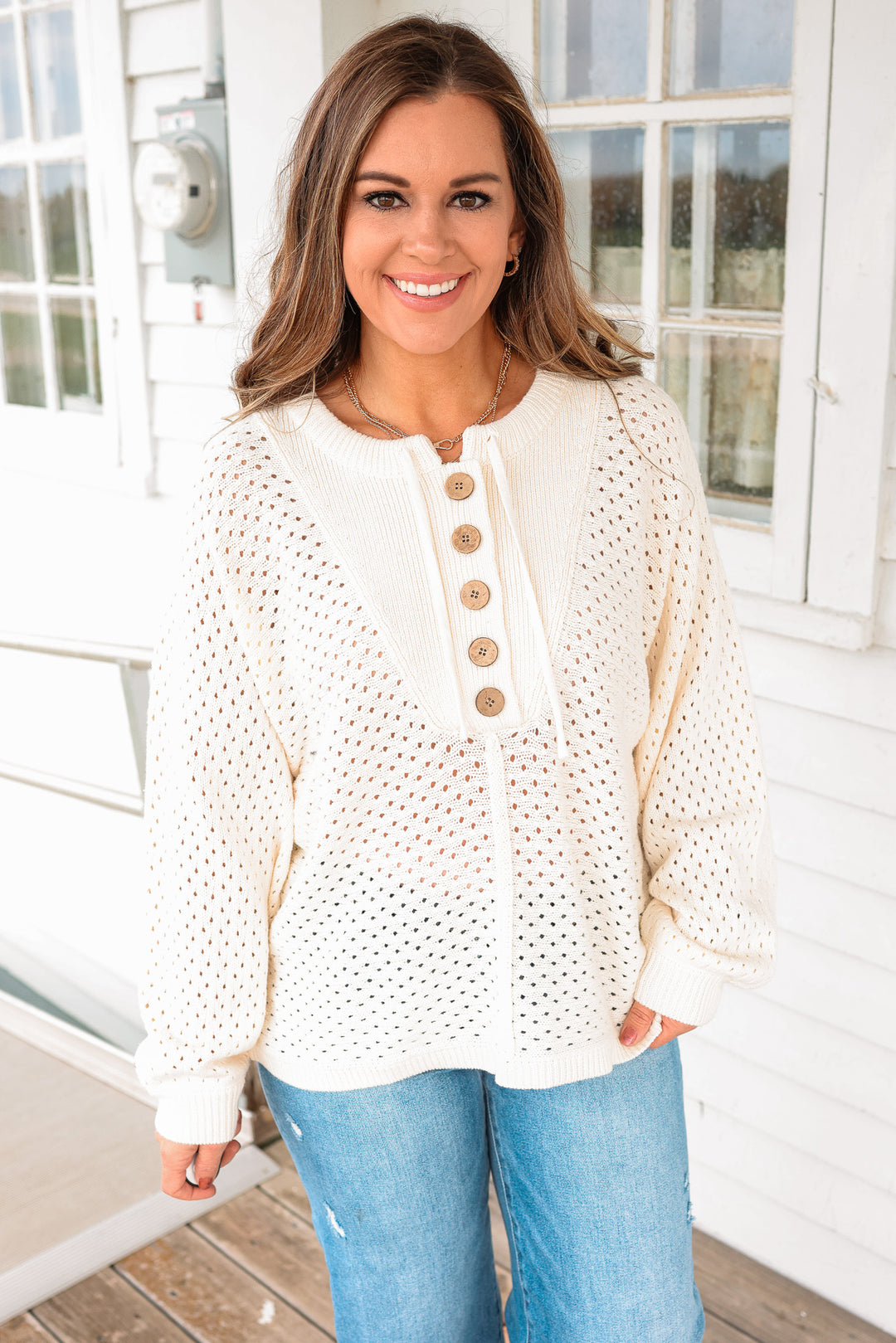 Ayla Henley Dolman Pullover Sweater - Cream