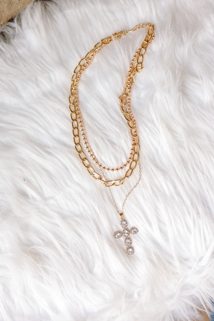 Rhinestone Cross Multi Layer Necklace