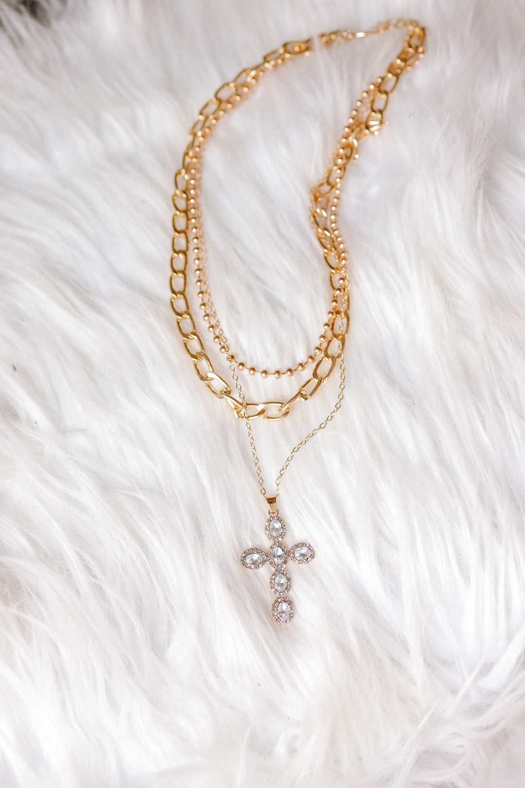 Rhinestone Cross Multi Layer Necklace